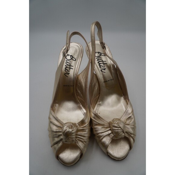 Butter Stanley Metallic Gold Peep Toe Slingback Knotted Front Detail Heel Size 9 - Picture 1 of 9